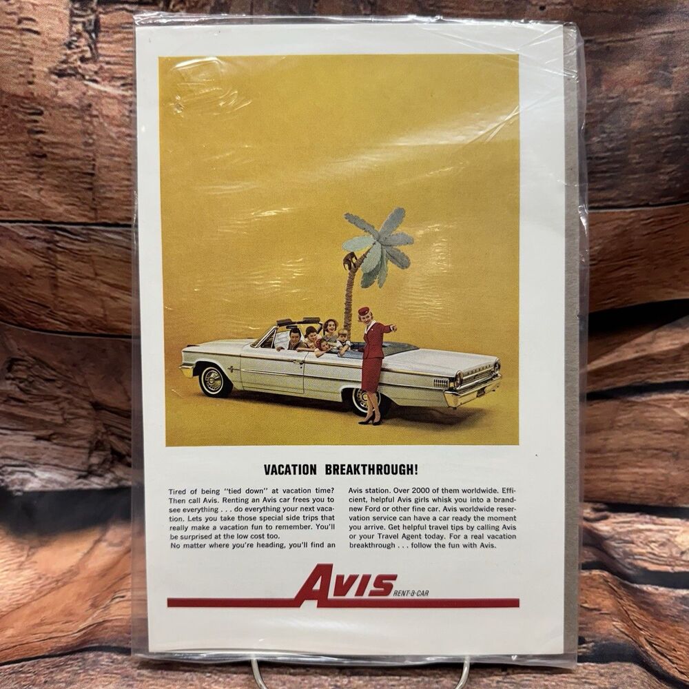 1963 Avis Rent A Car Vintage Print Ad Ford Galaxie 500 Convertible Art 6.75x10
